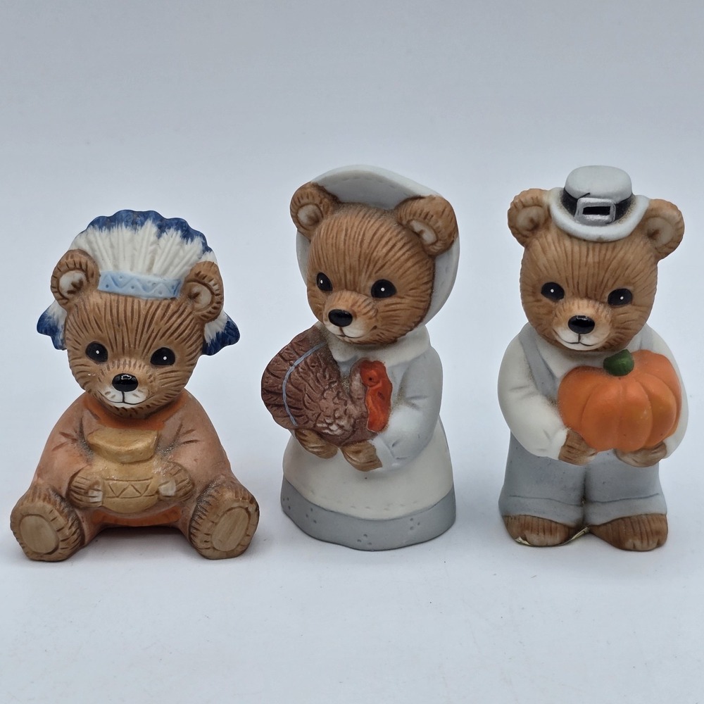 3 Homco Thanksgiving Bear Figurines Fall Pumpkin November #5312 Vtg Cottagecore‎
